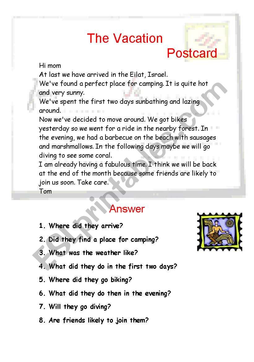 vacation postcard worksheet