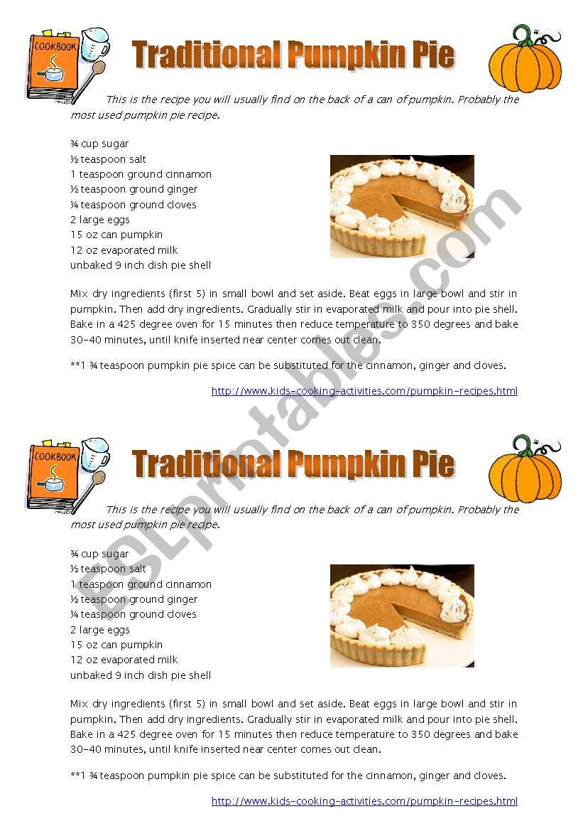 Pumpkin Pie Recipe worksheet