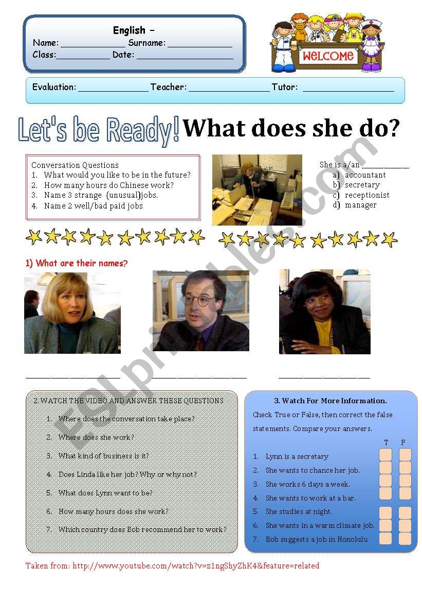 Listening What does she do?  worksheet