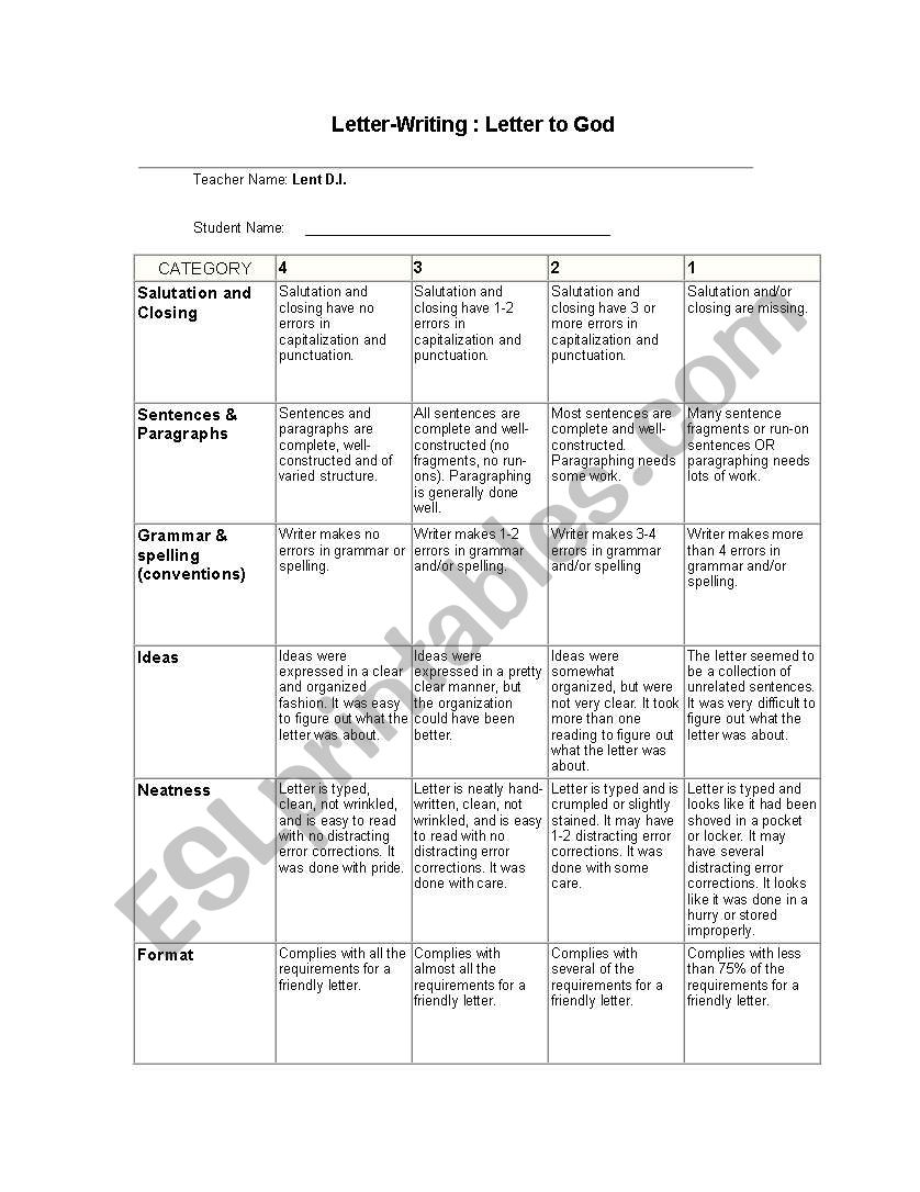 Letter to God worksheet