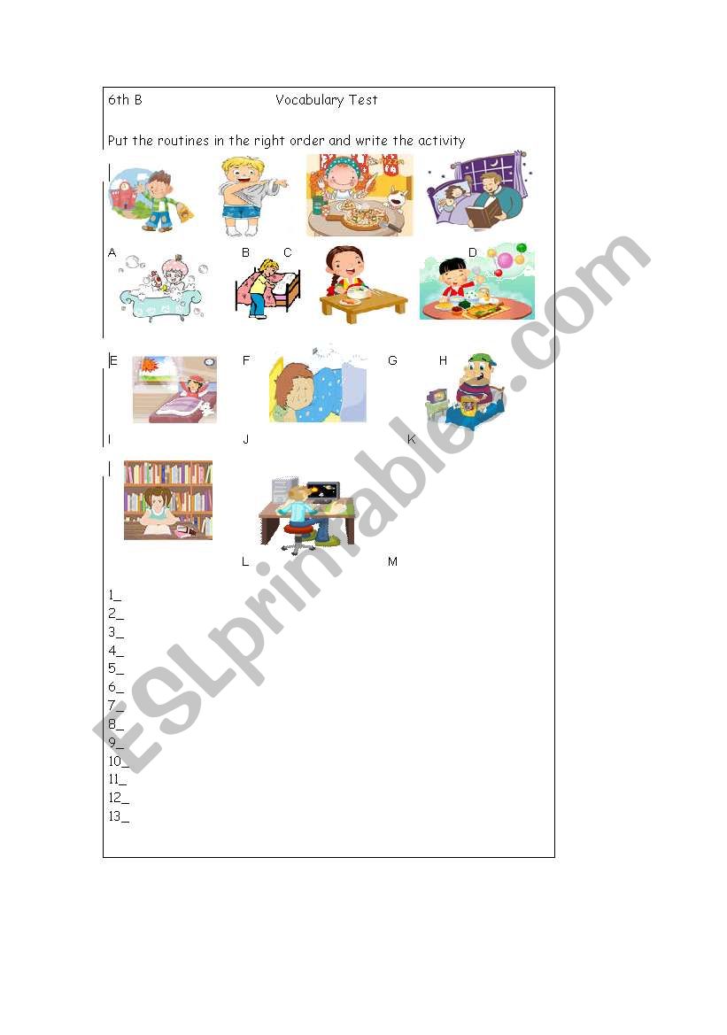 Vocabulary test routines worksheet