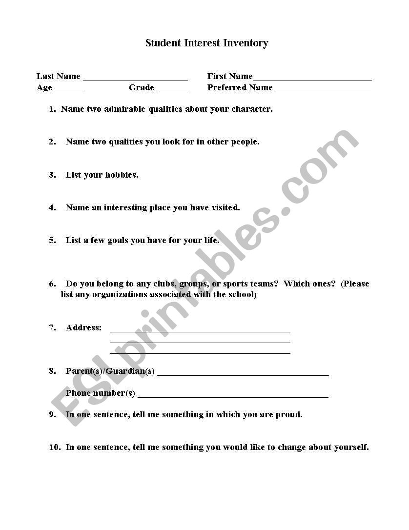 Student Inventory Questionnaire