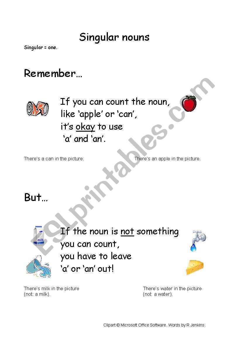 Singular countable nouns poem worksheet