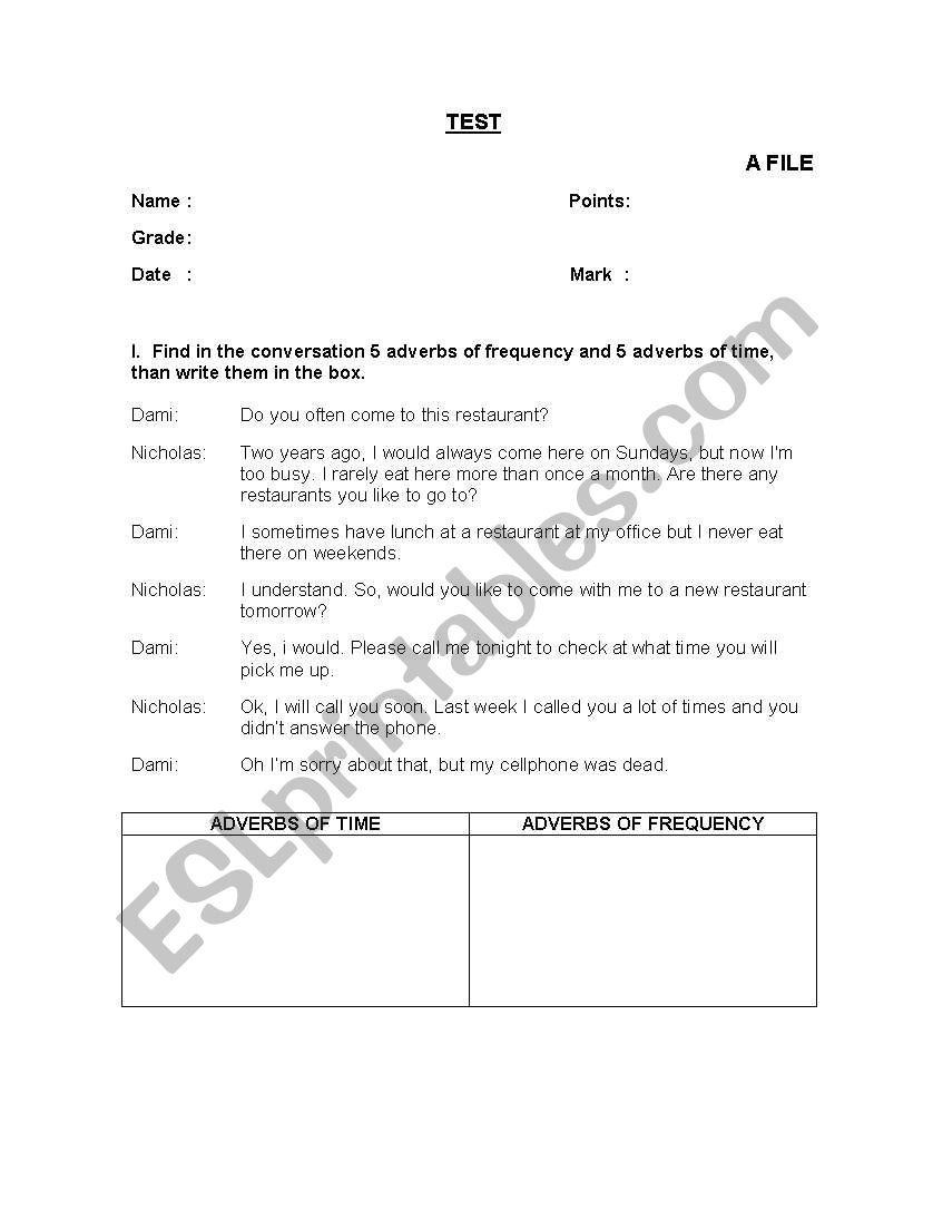 Test, adverbs of time and frequency.
