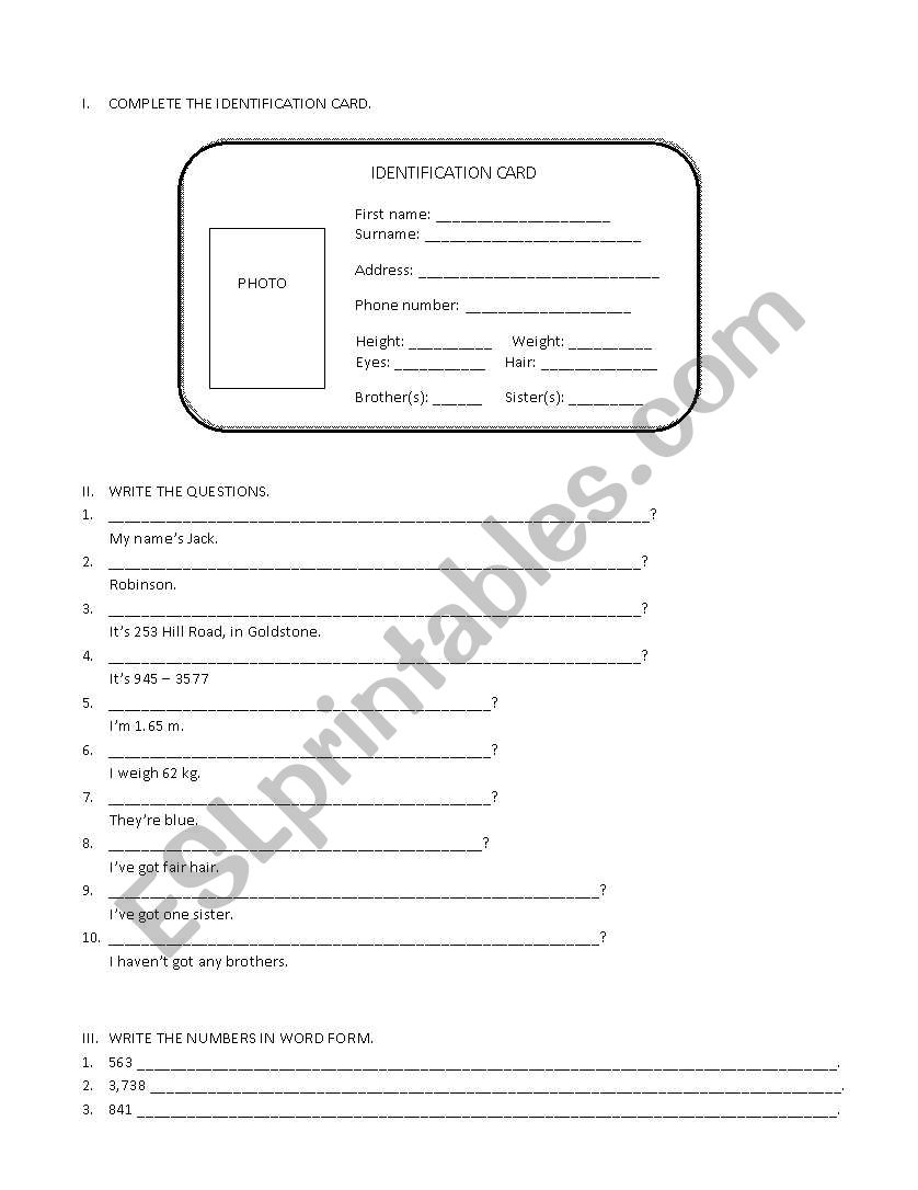 Personal Information worksheet