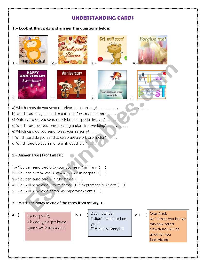 Reading Cards worksheet