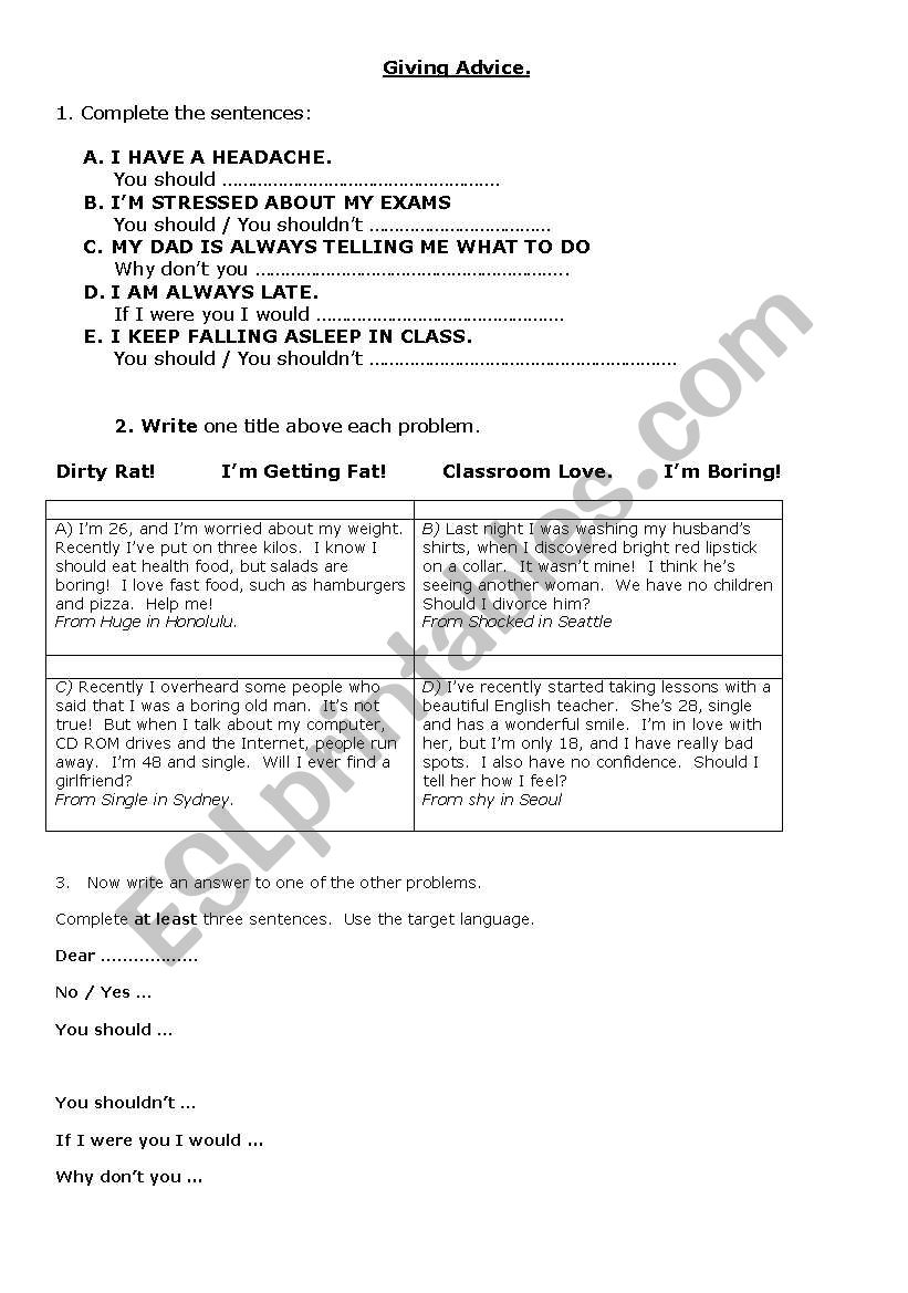 Giving Advice lesson 1 worksheet