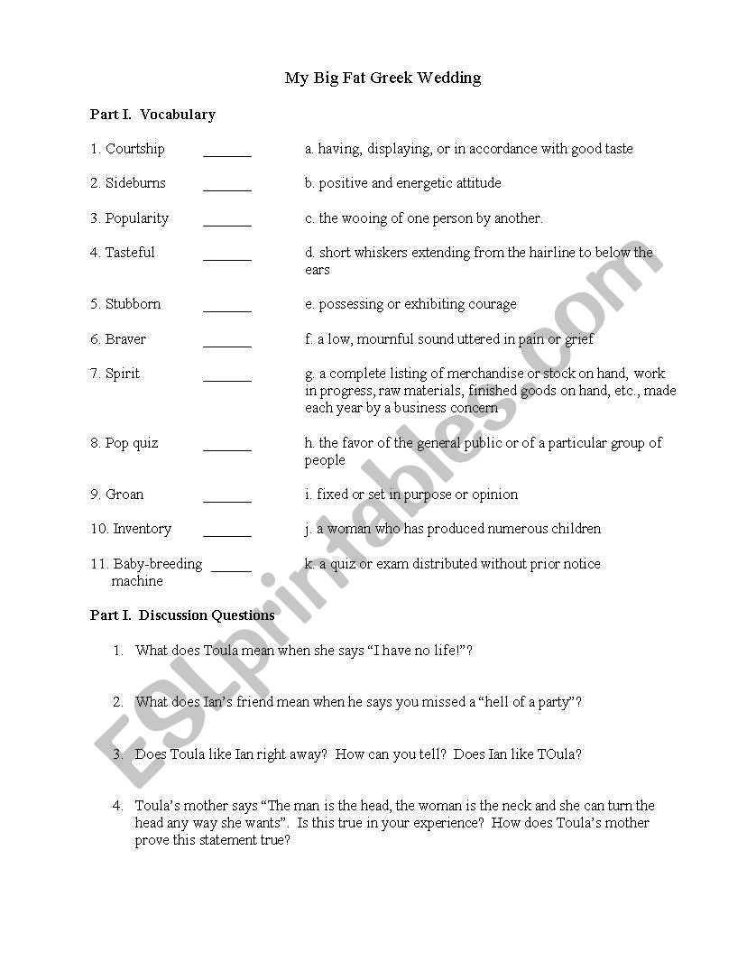 My Big Fat Greek Wedding worksheet