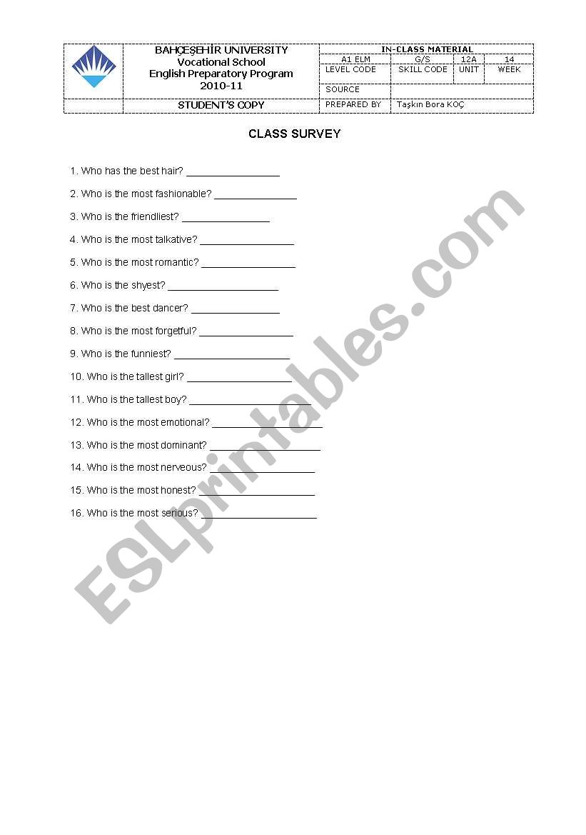 class survey worksheet