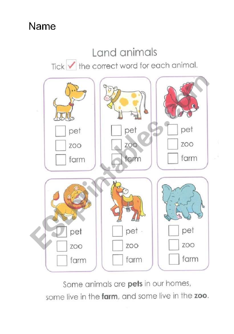 Land Animals worksheet