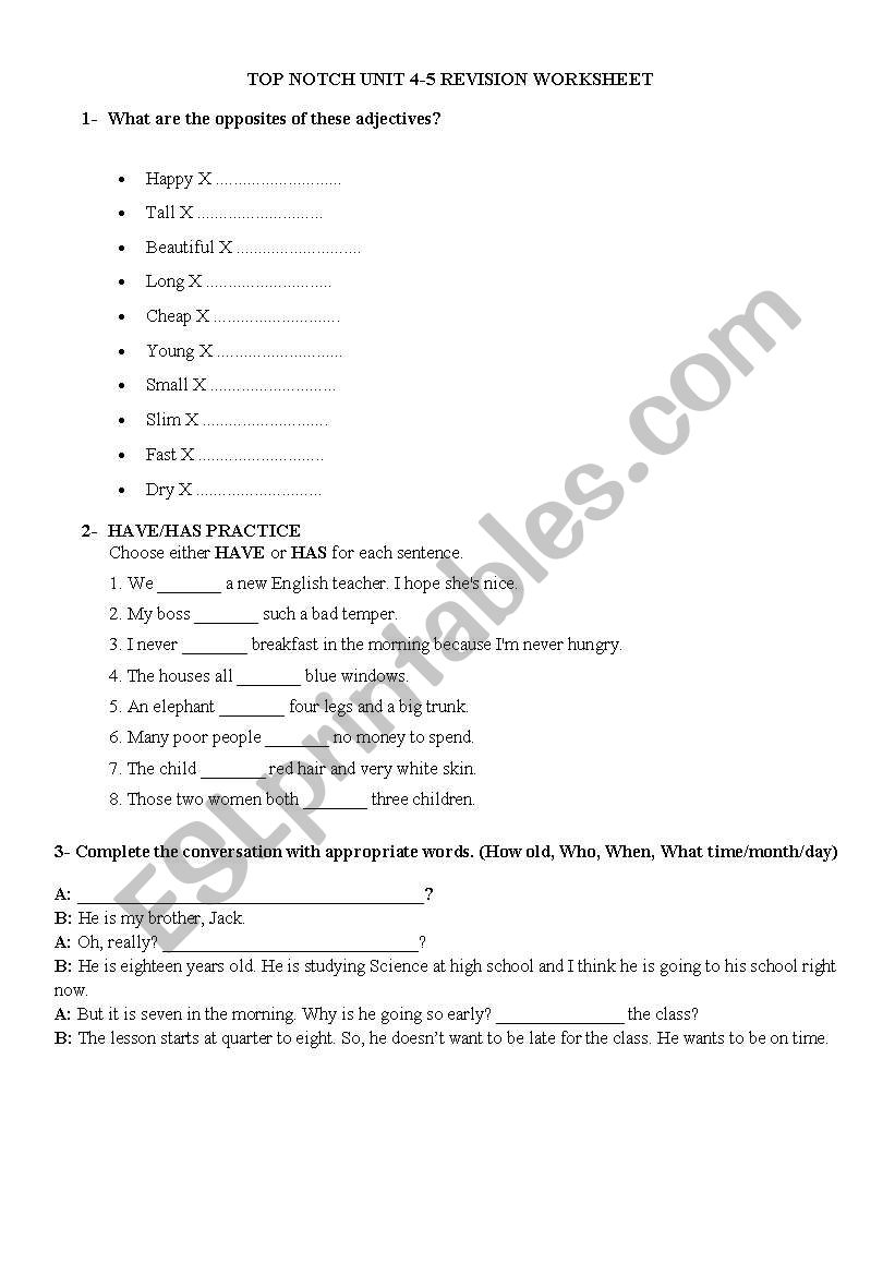 Top Notch Coursebook Unit 4-5 Revision Worksheet