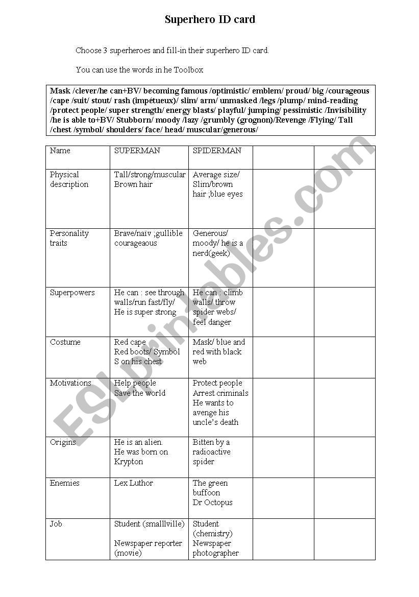 superhero ID card worksheet