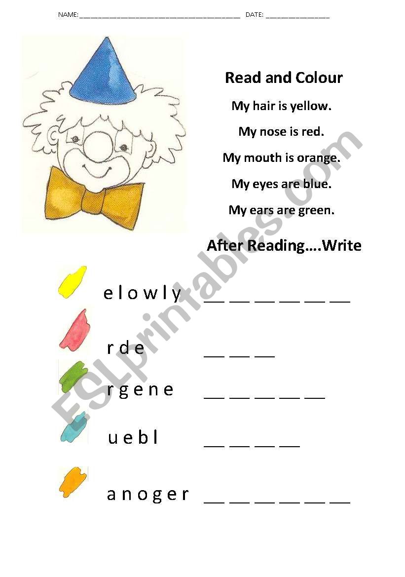 Clown colours worksheet
