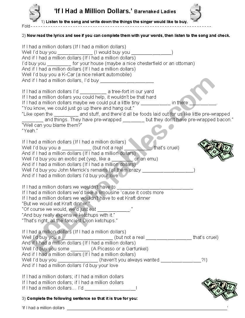 Second Conditional song worksheet If I had a million dollars Barenaked ladies