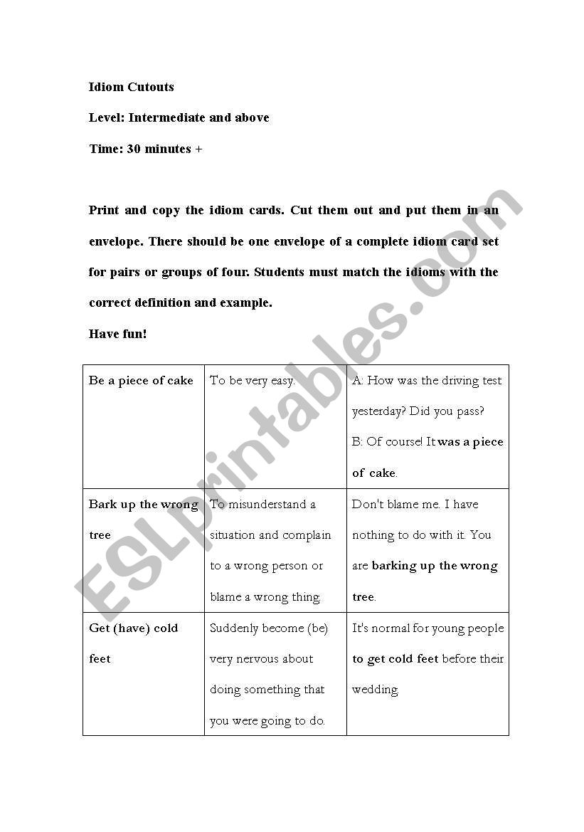 Idioms Matching Cards worksheet