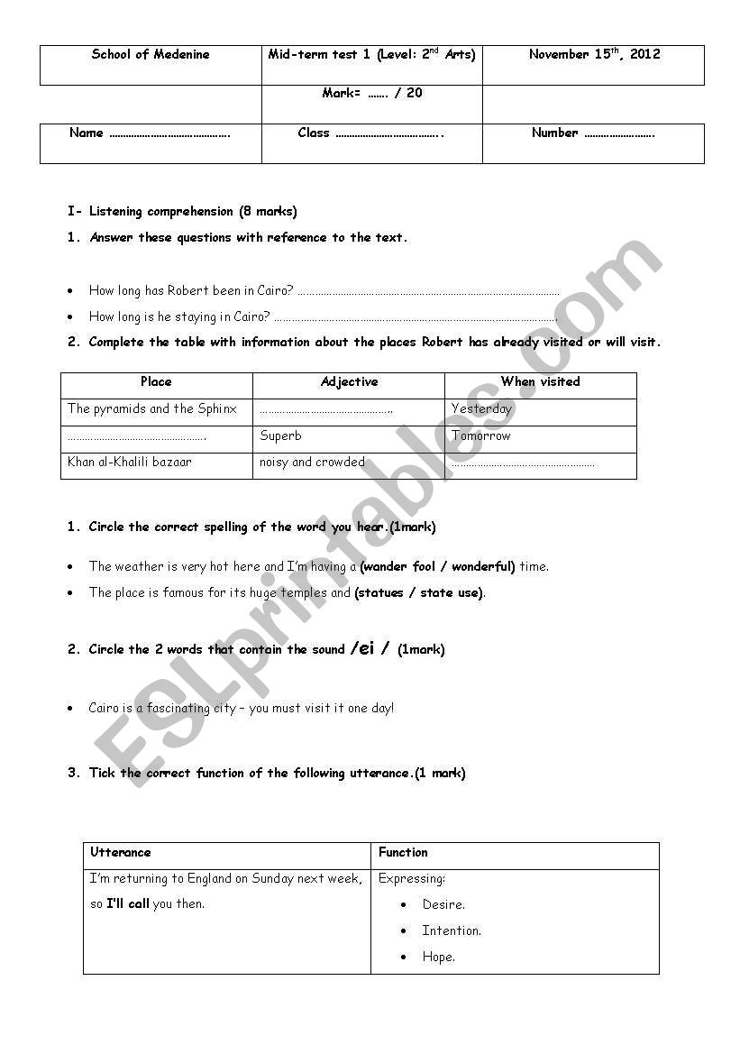  2nd Arts test:1: Listening + Language