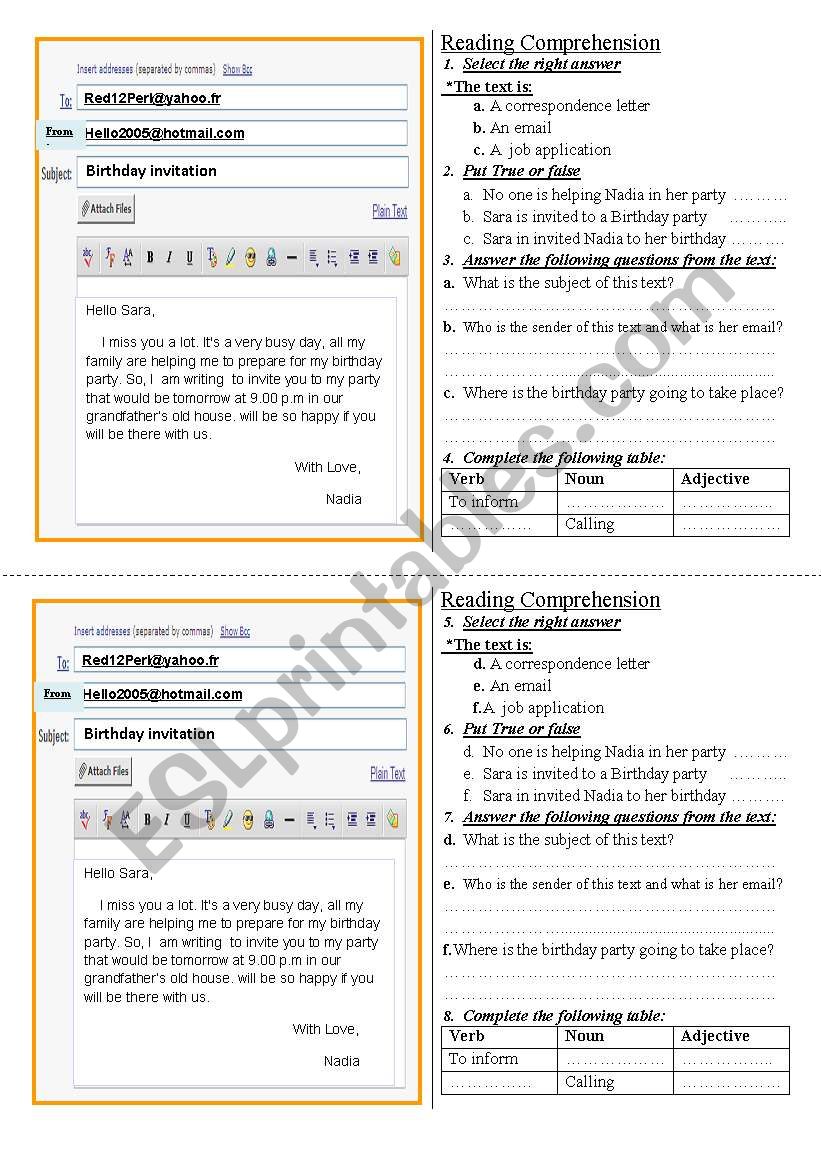 Emails reading comprehension test