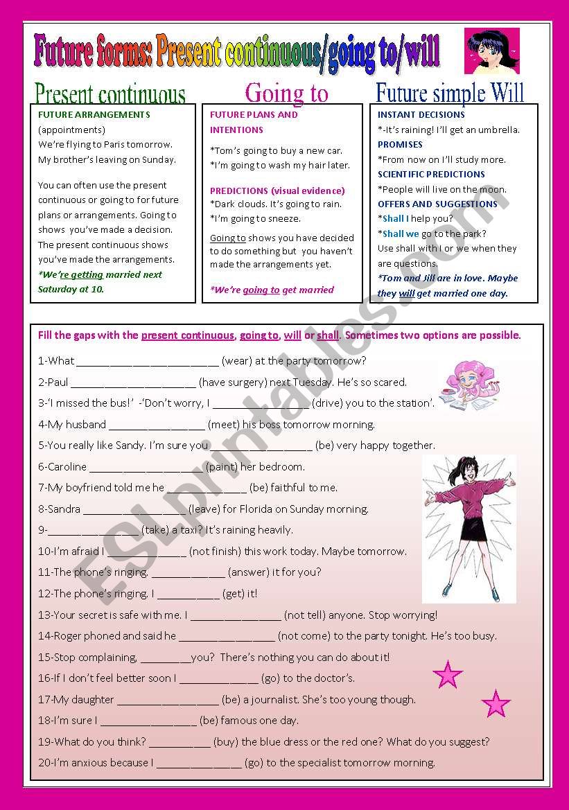 FUTURE FORMS Present Continuous going To will shall ESL Worksheet By 