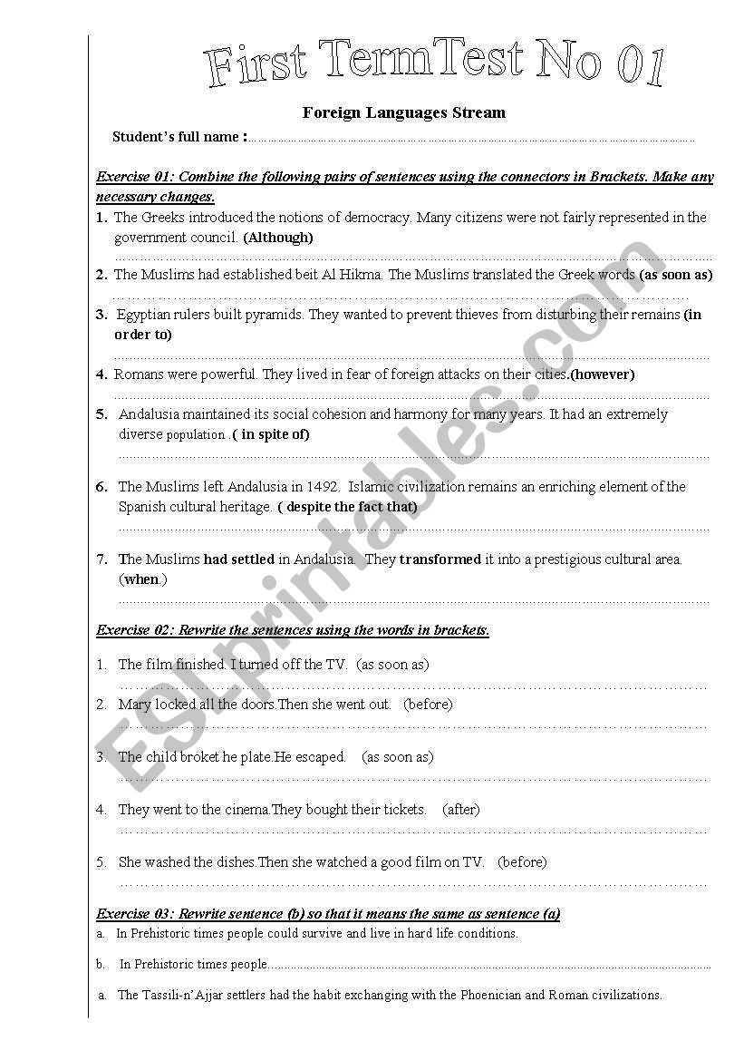 Vocabulary and grammar test worksheet