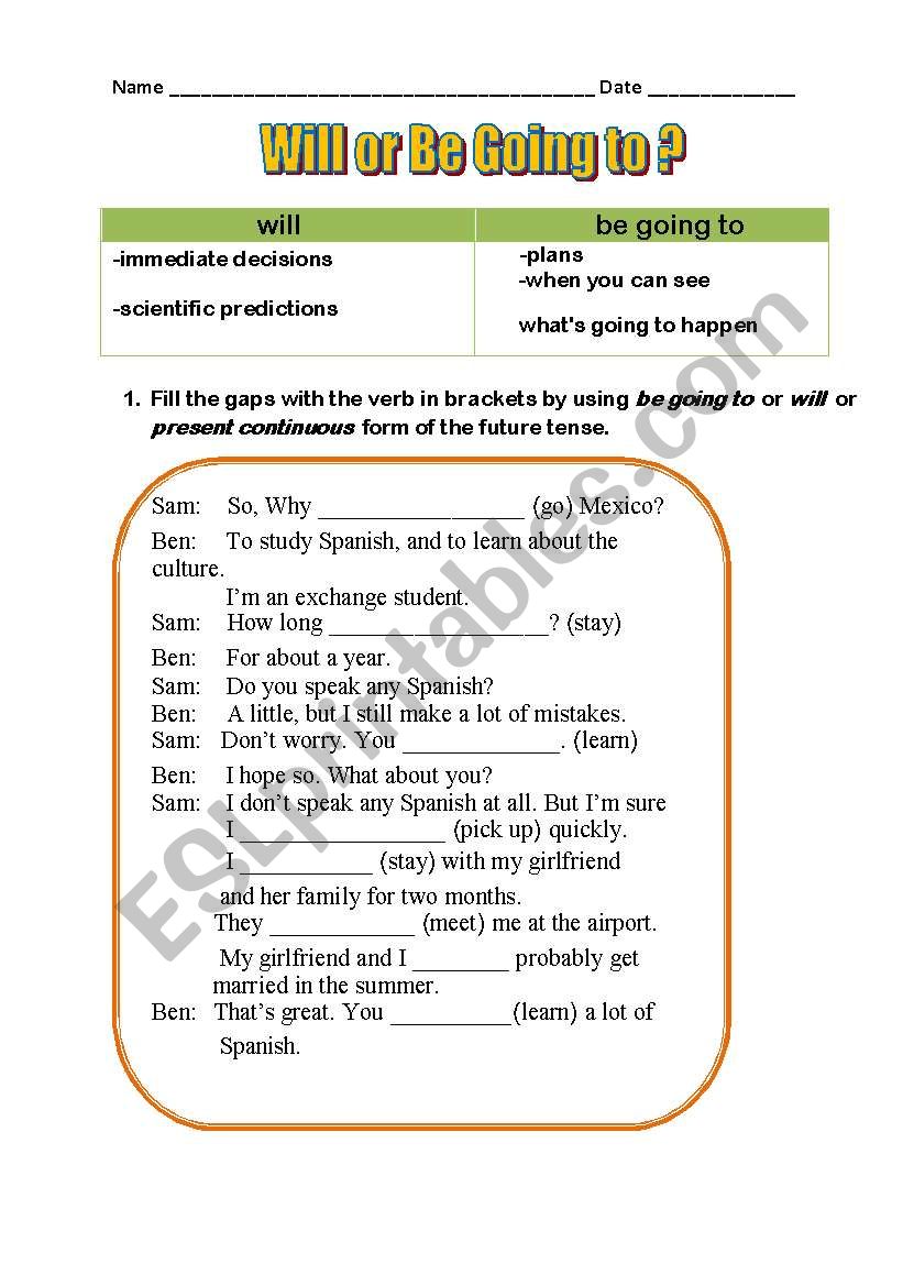 be going to-will worksheet