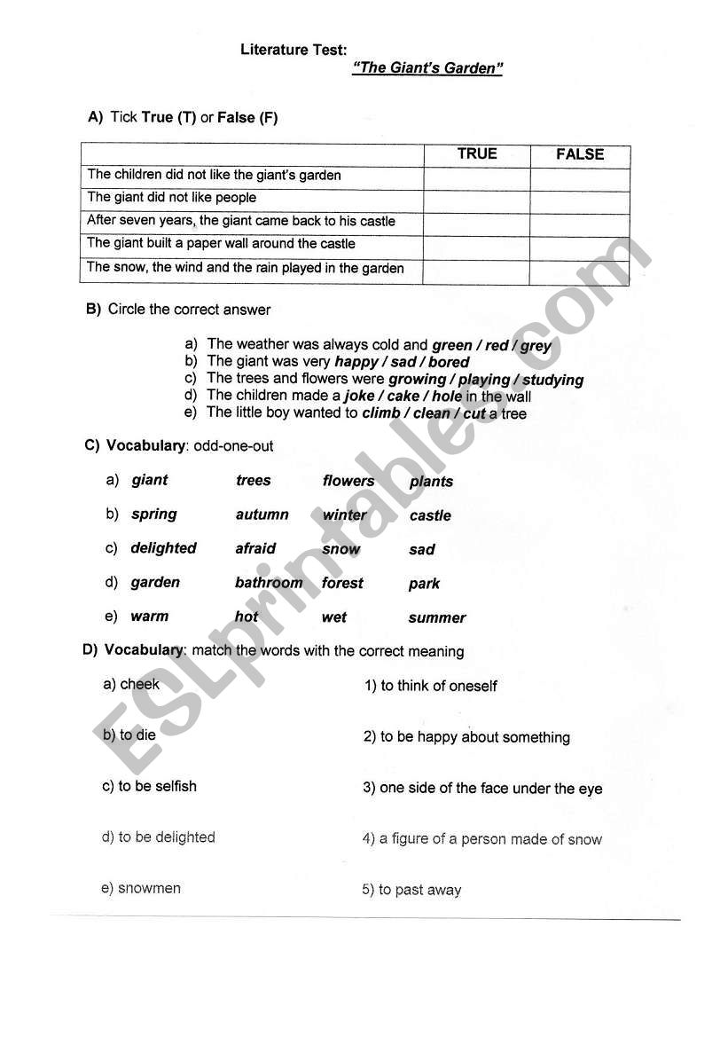 The Giantīs Garden Test worksheet The Giantīs Garden Test worksheet