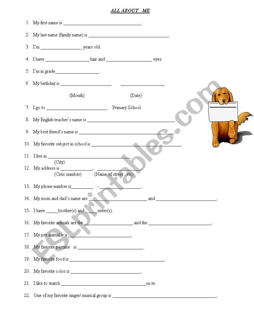 All About Me worksheet