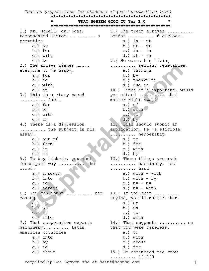 Exercise on Prepositions - Preintermediate