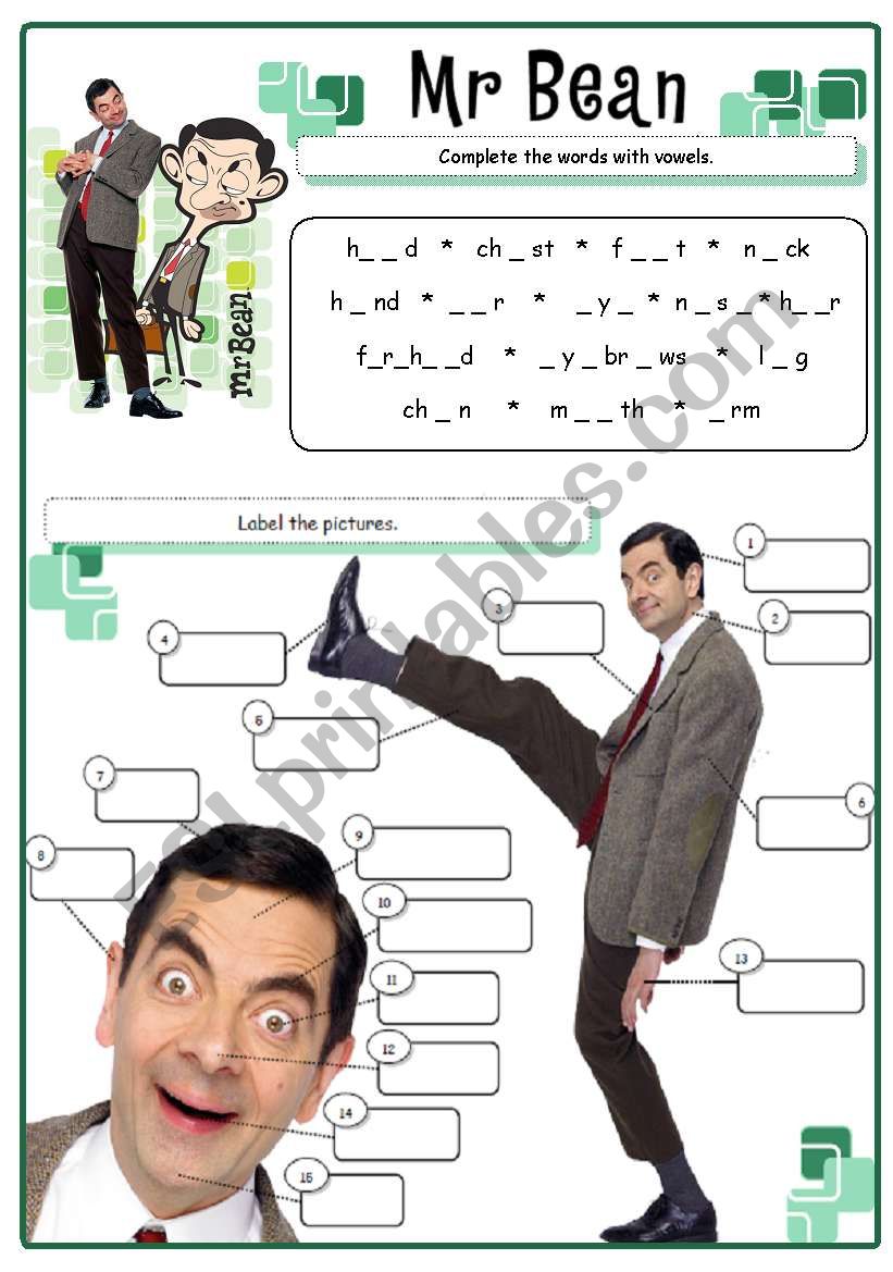 Mr Bean - body parts  worksheet