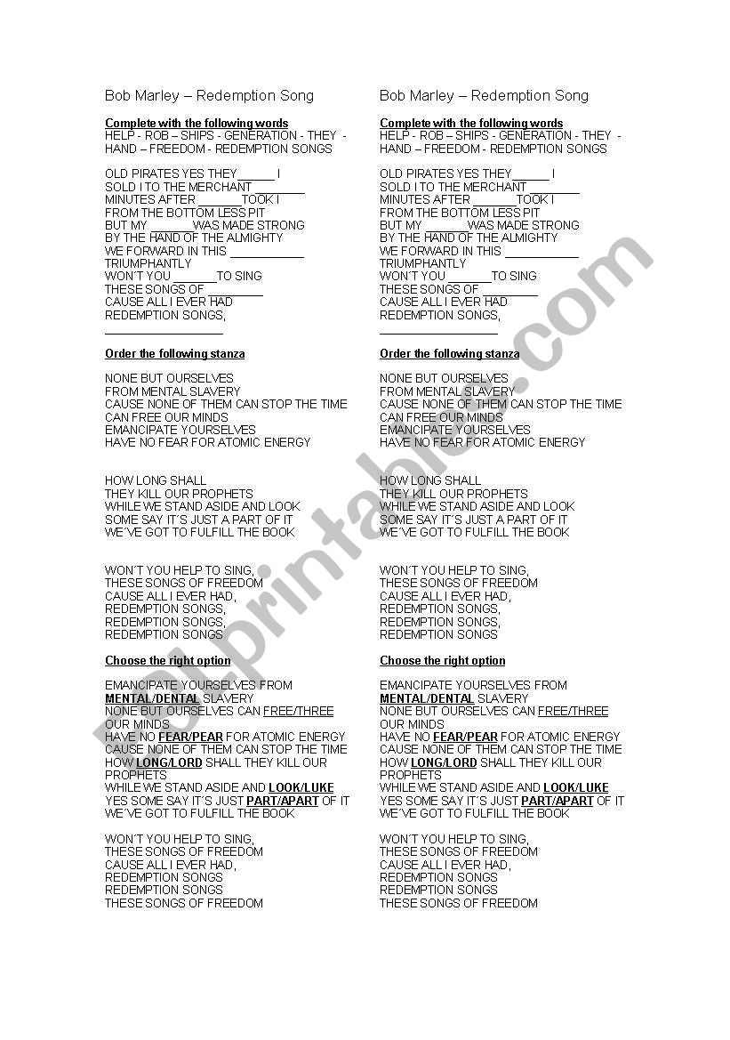 Redemption Song - Bon Marly worksheet
