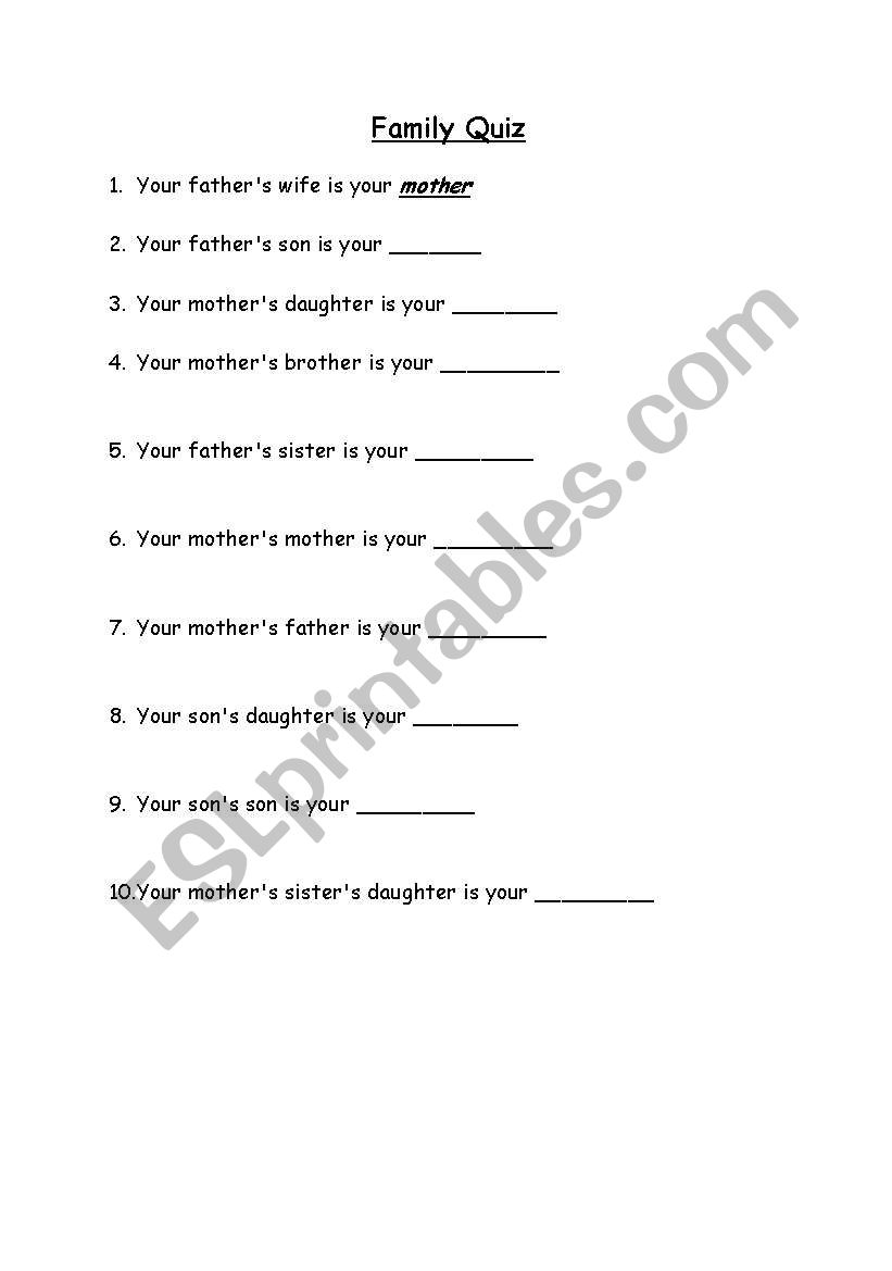 English Worksheets Family Quiz