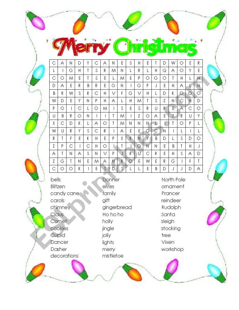 Christmas wordsearch worksheet