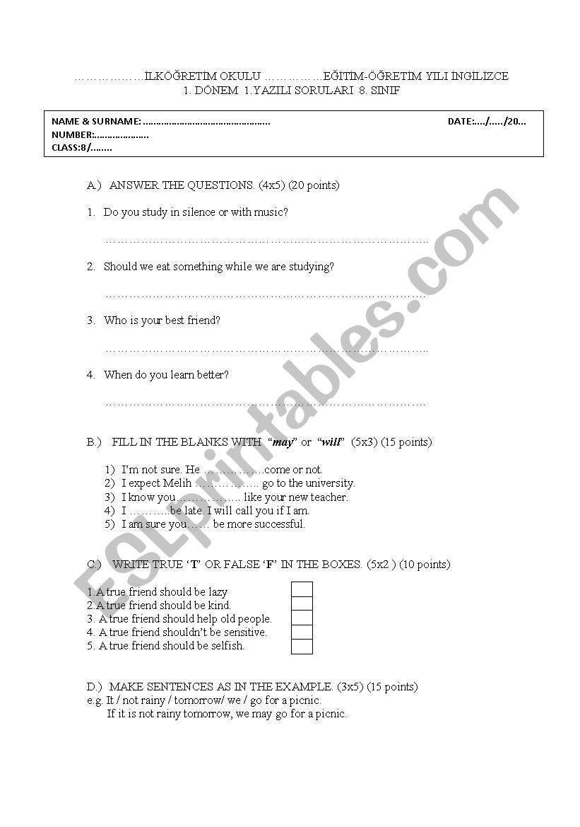 English exam for 8th Grade worksheet