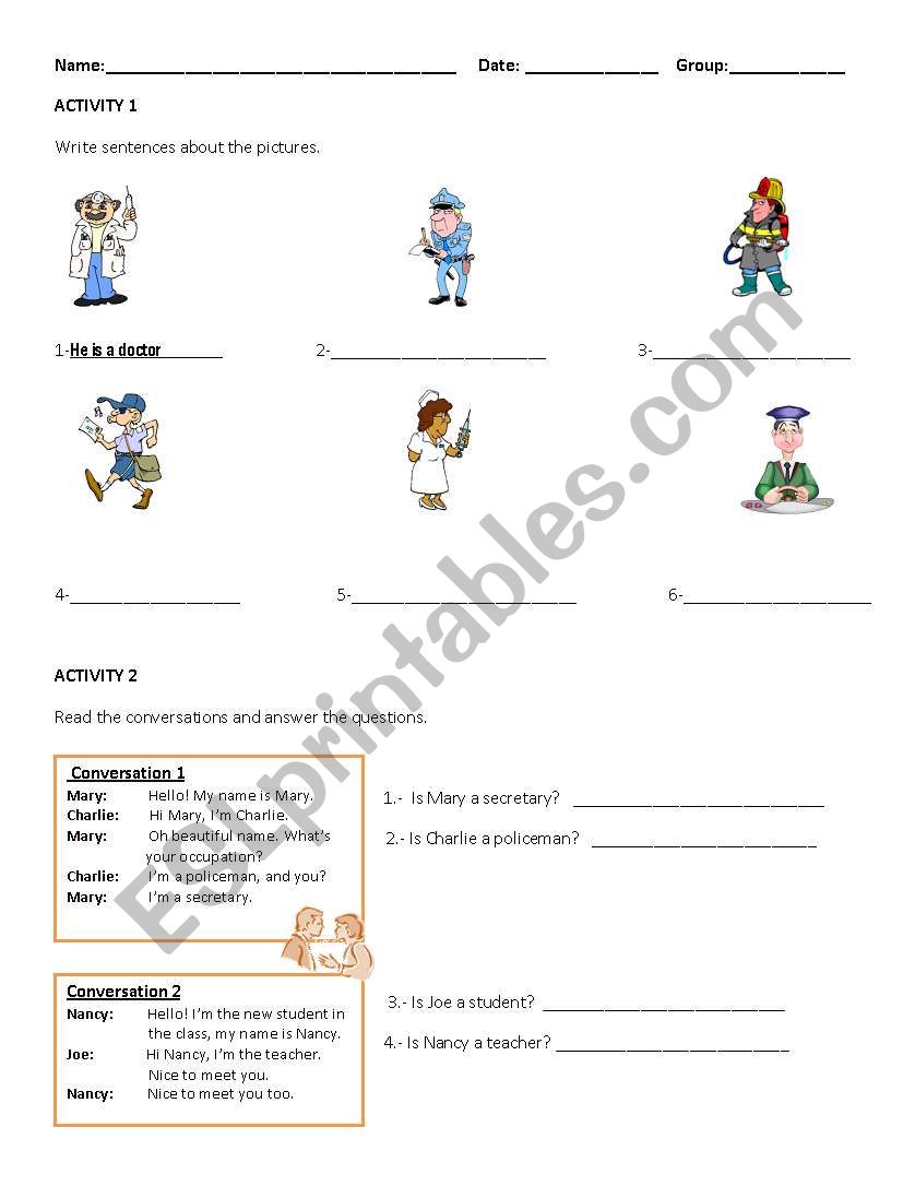 Occupations worksheet