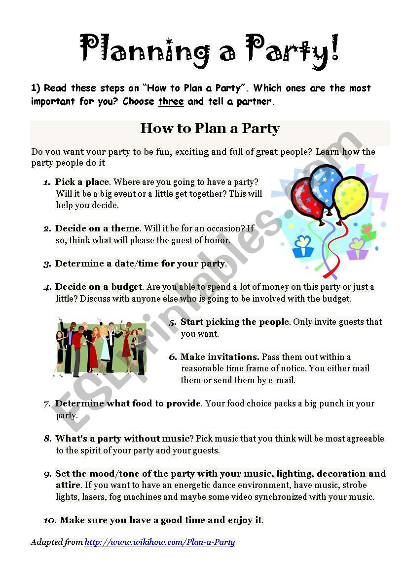 Planning a Party worksheet