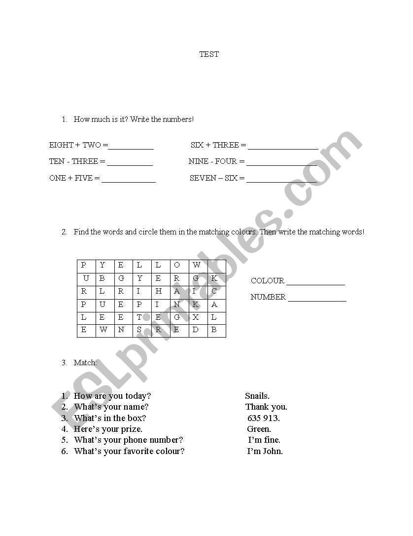 TEST- numbers&colours worksheet