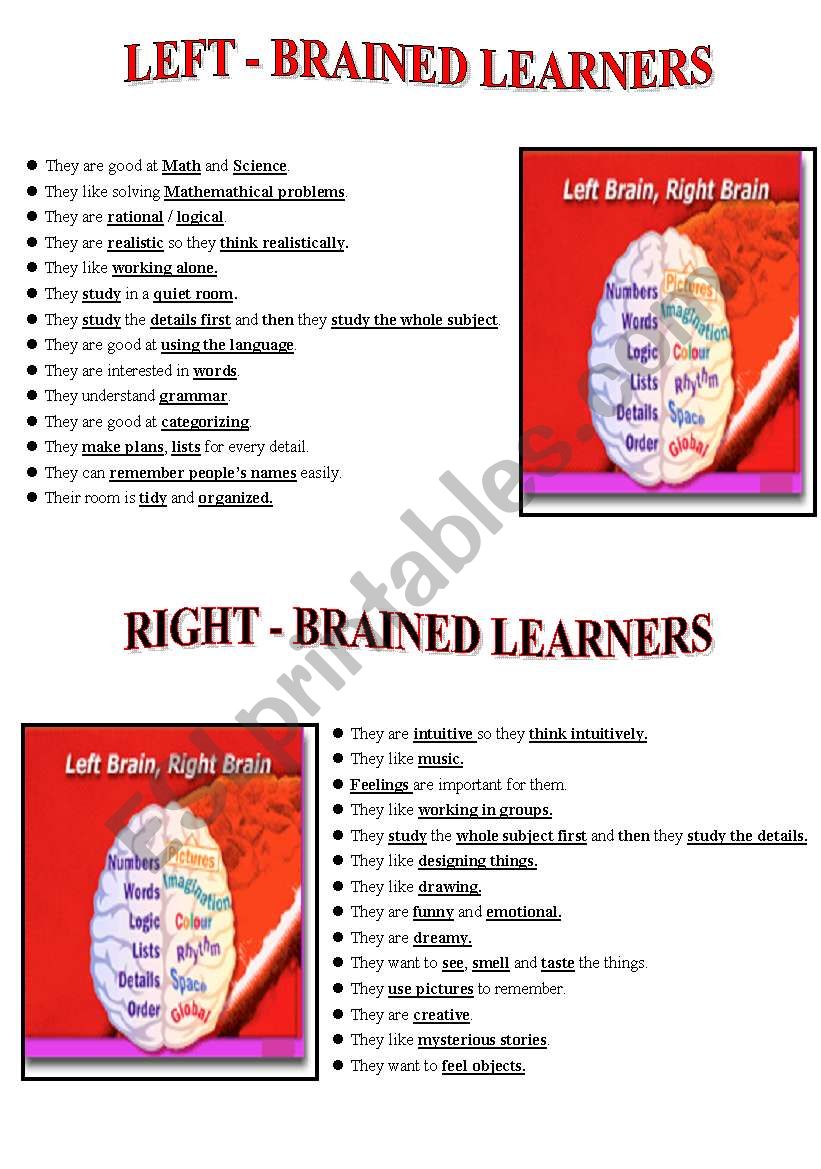 Right - Left Brained Learners worksheet