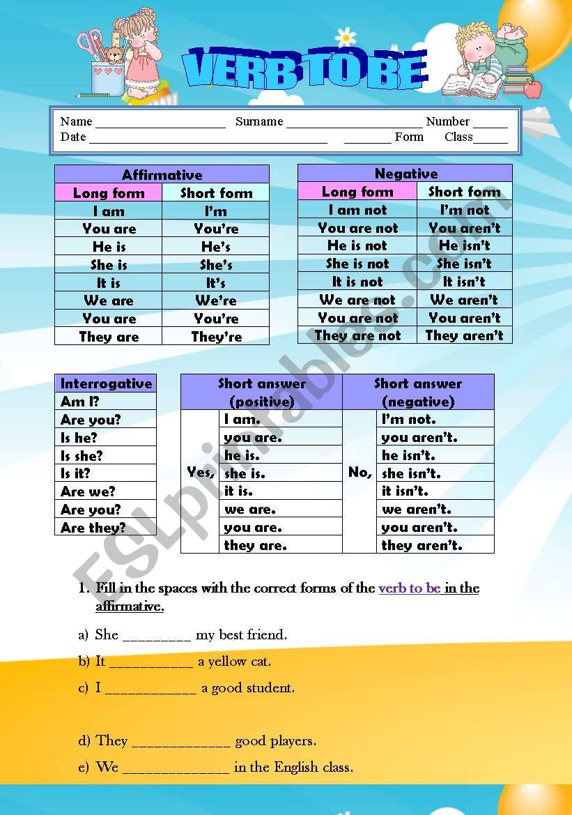 VERB TO BE - 2 pages worksheet