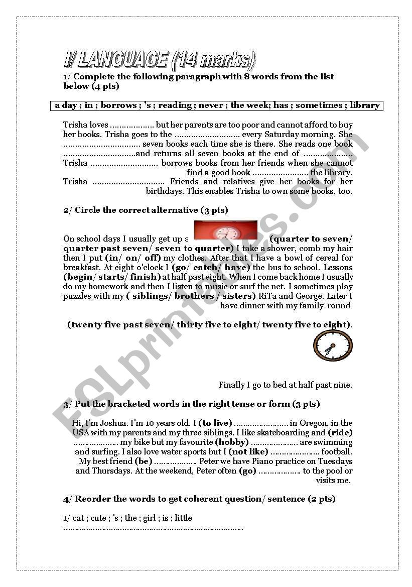 ordinary test 1 7th form worksheet