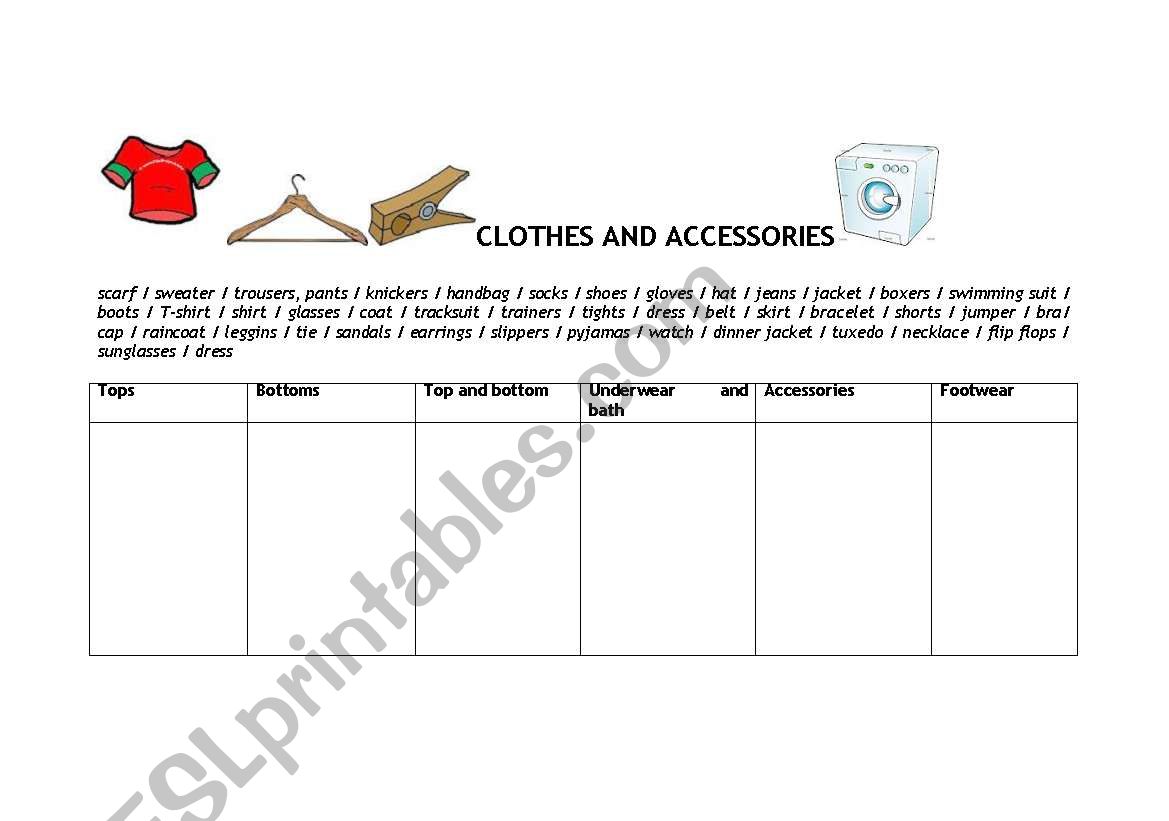 Clothes and accessories worksheet