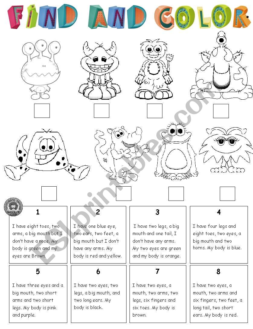 FIND THE MONSTER AND COLOR worksheet