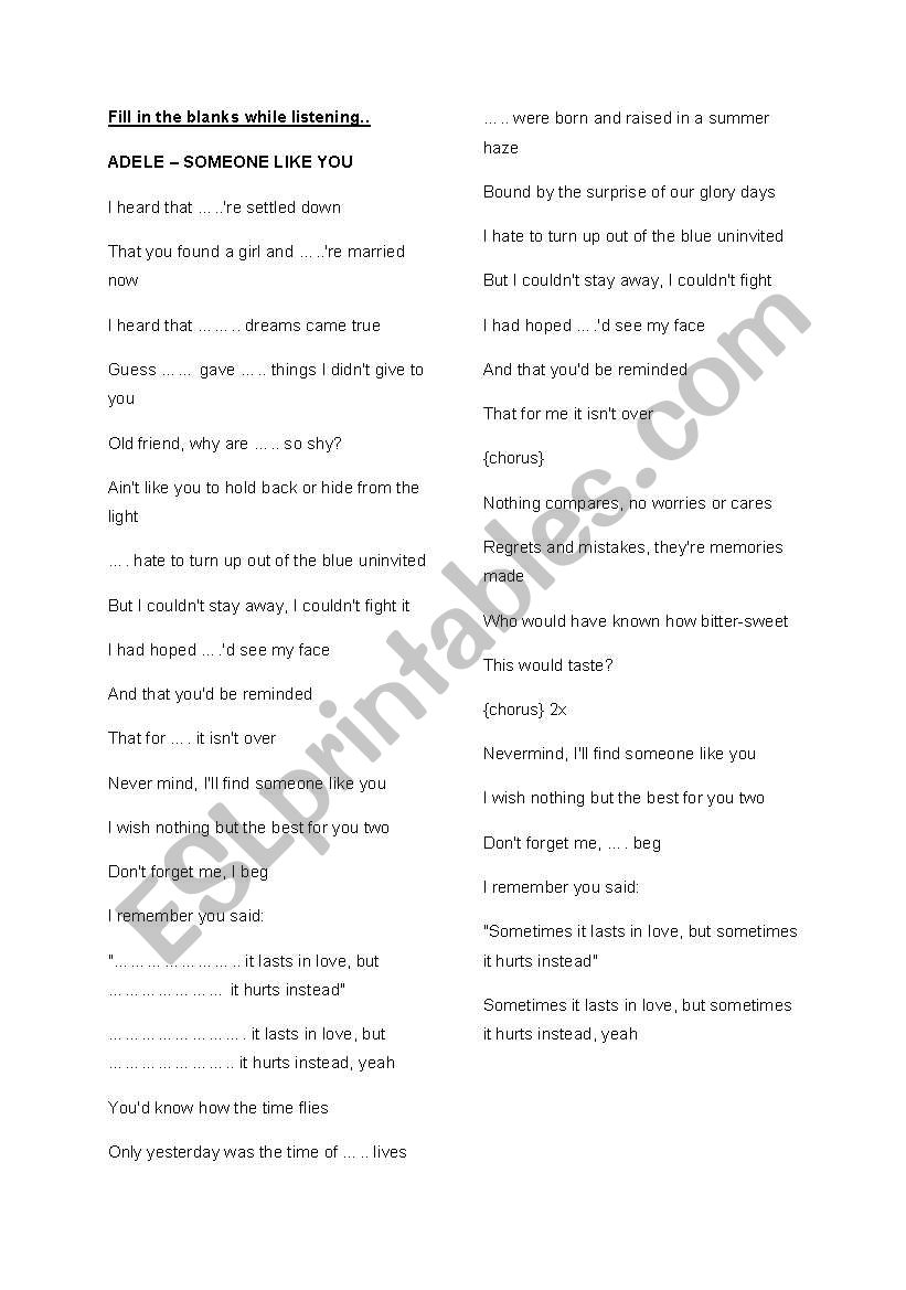 Adele - Someone Like You worksheet