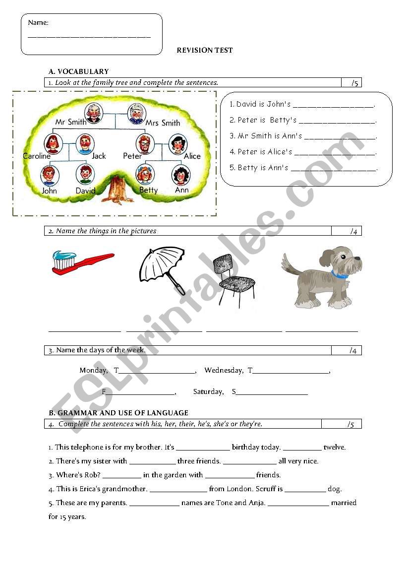 Revision test worksheet