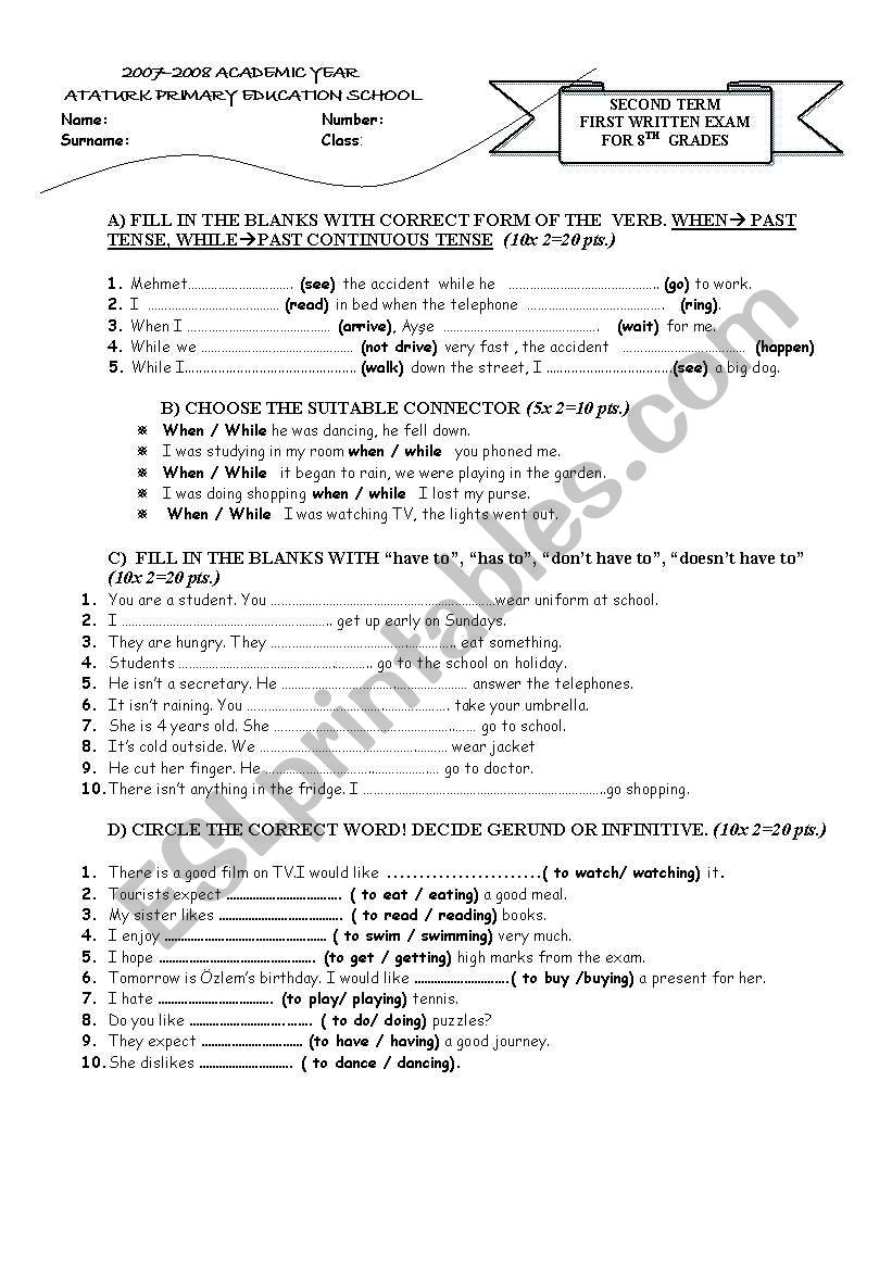 exam for 8th grades worksheet