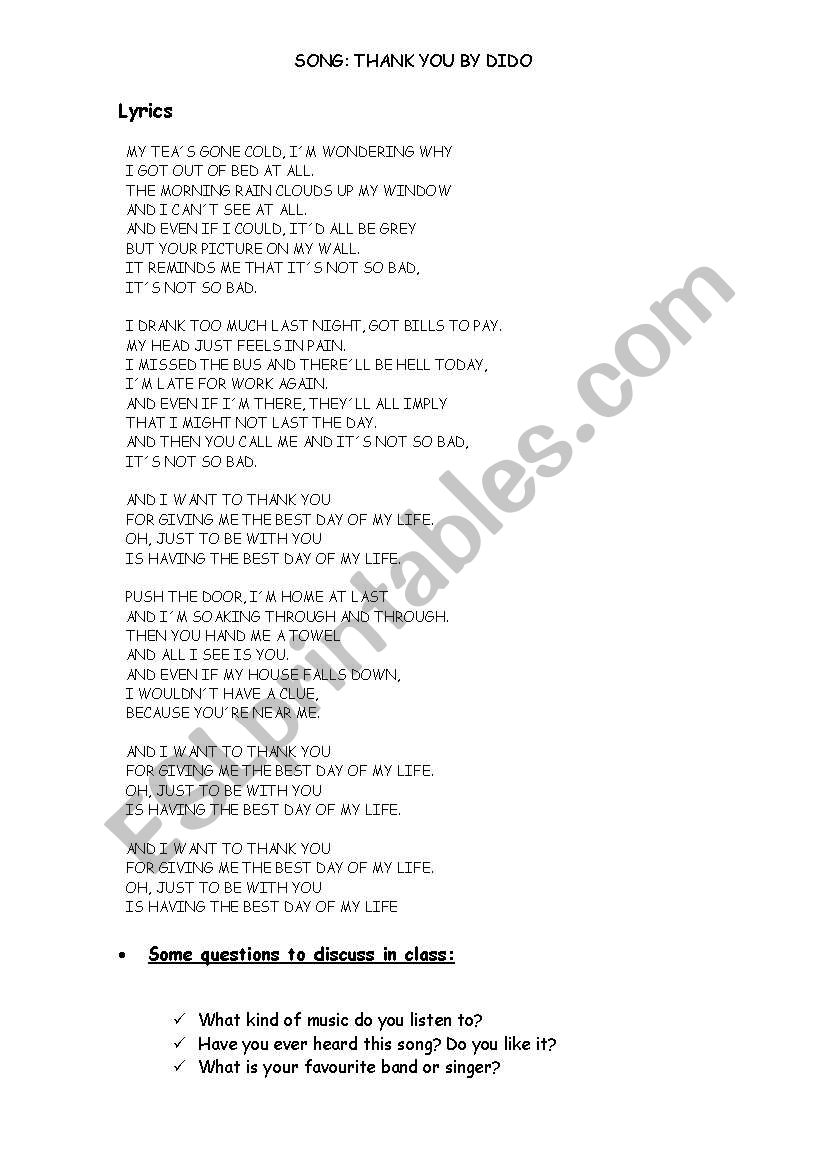 Song Thank You by Dido worksheet