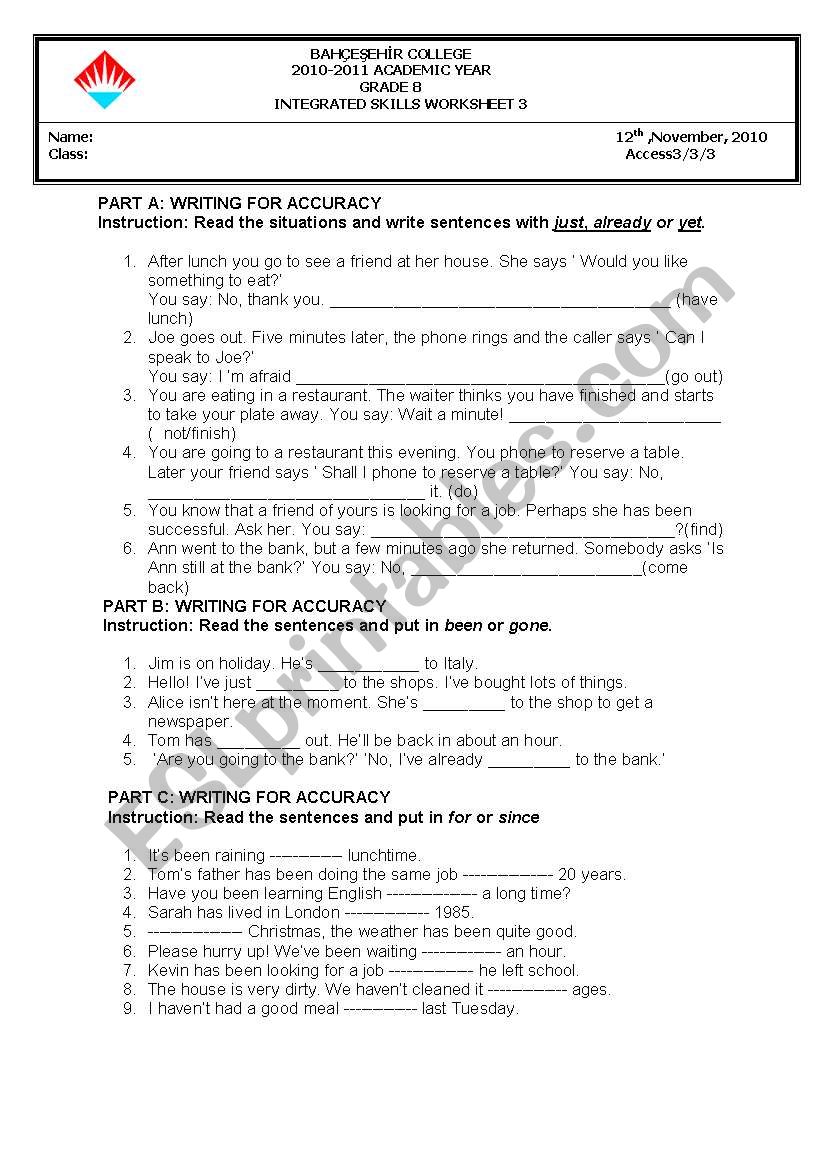 present perfect worksheet