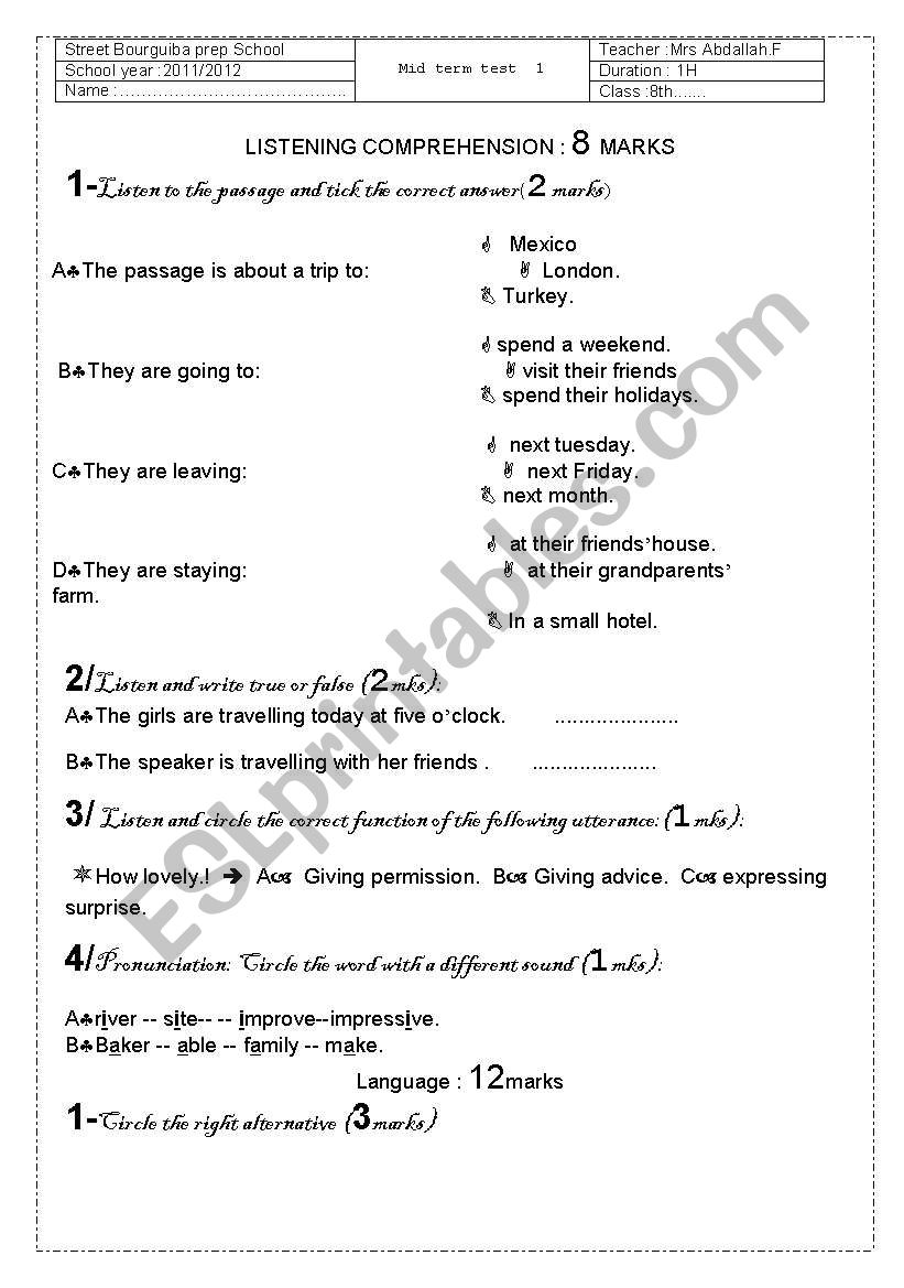 Mid term test 1 8th form worksheet