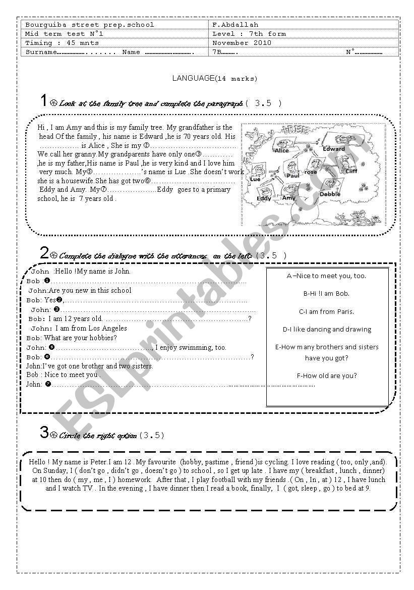 mid term test 1    7 th form worksheet