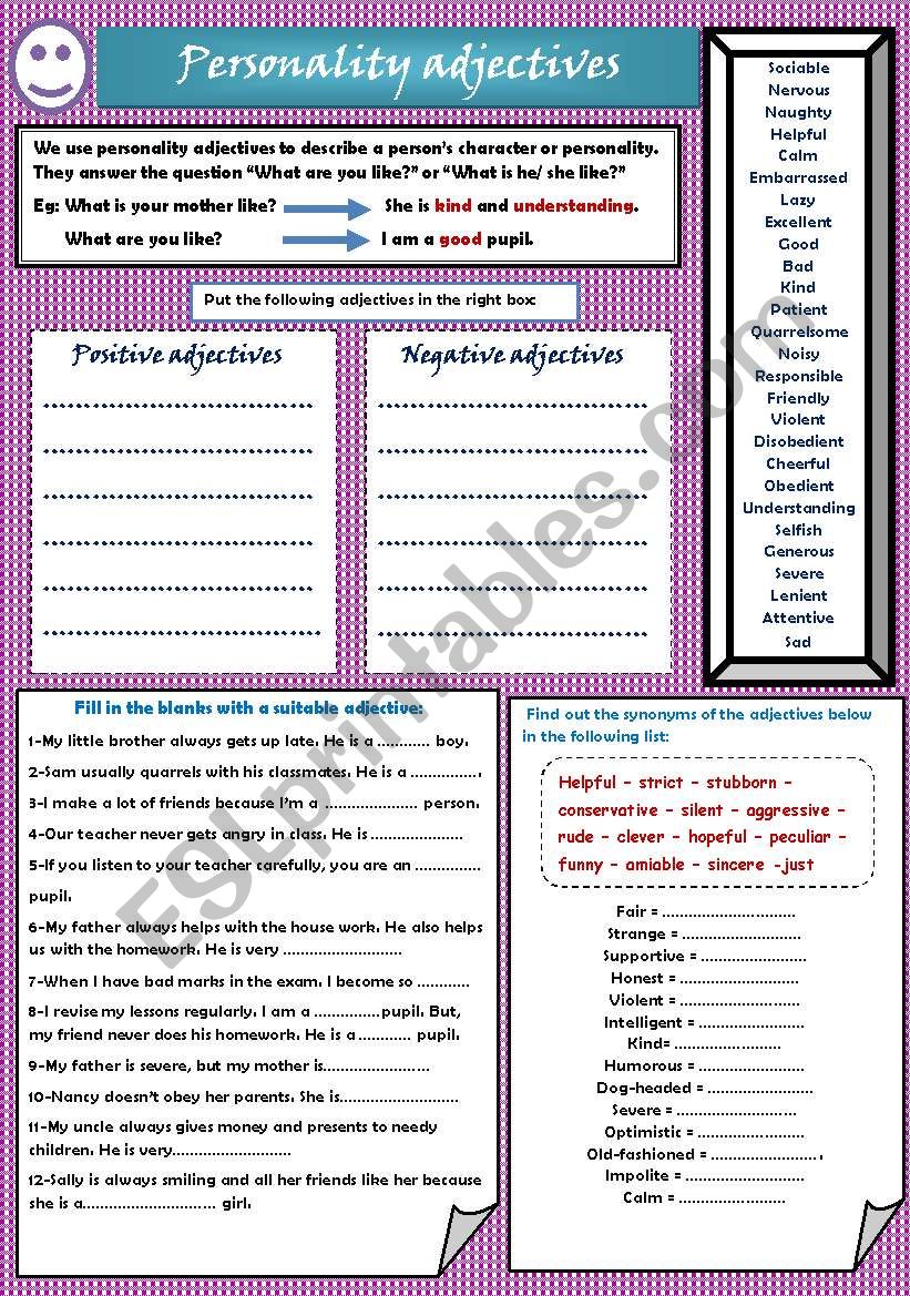 personality adjectives worksheet