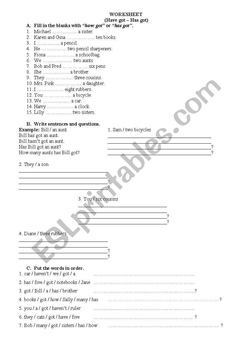 Have - has got worksheet