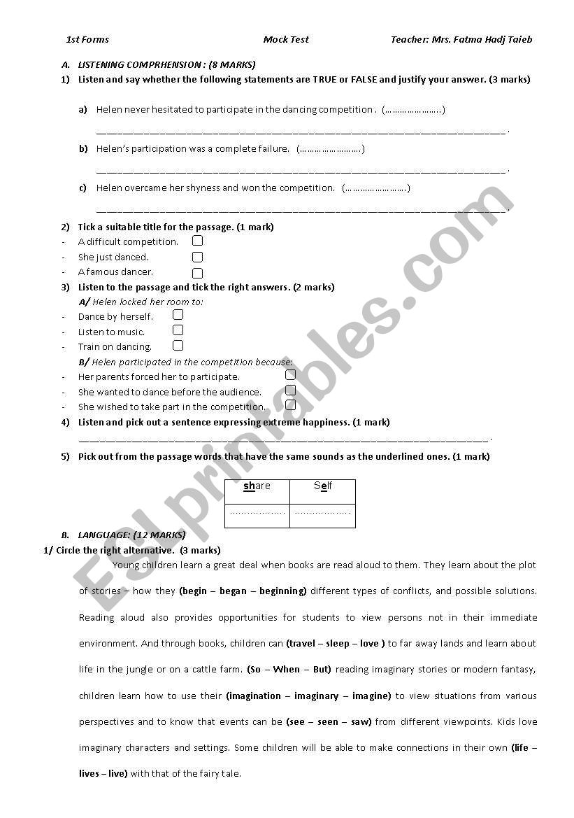 mid-term test 1 first forms worksheet